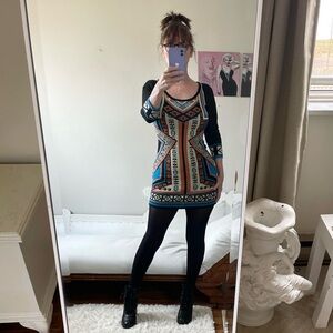 FLYING TOMATO LONG SLEEVE SWEATER DRESS BLUE BLACK ORANGE CREAM KNIT GEO PRINT